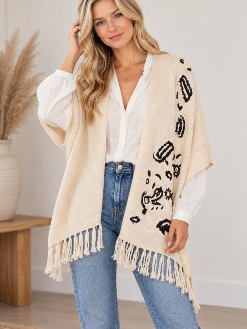288. Floral Embroidery Sweater Shawl  W/ Fringe